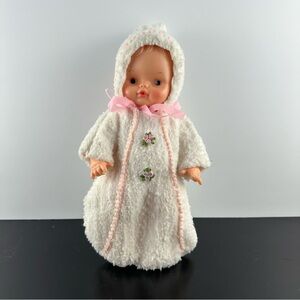 Vintage 1960s Regal Baby Doll Bonnet Pyjamas White Pink Ribbon Sherpa 12” Toy